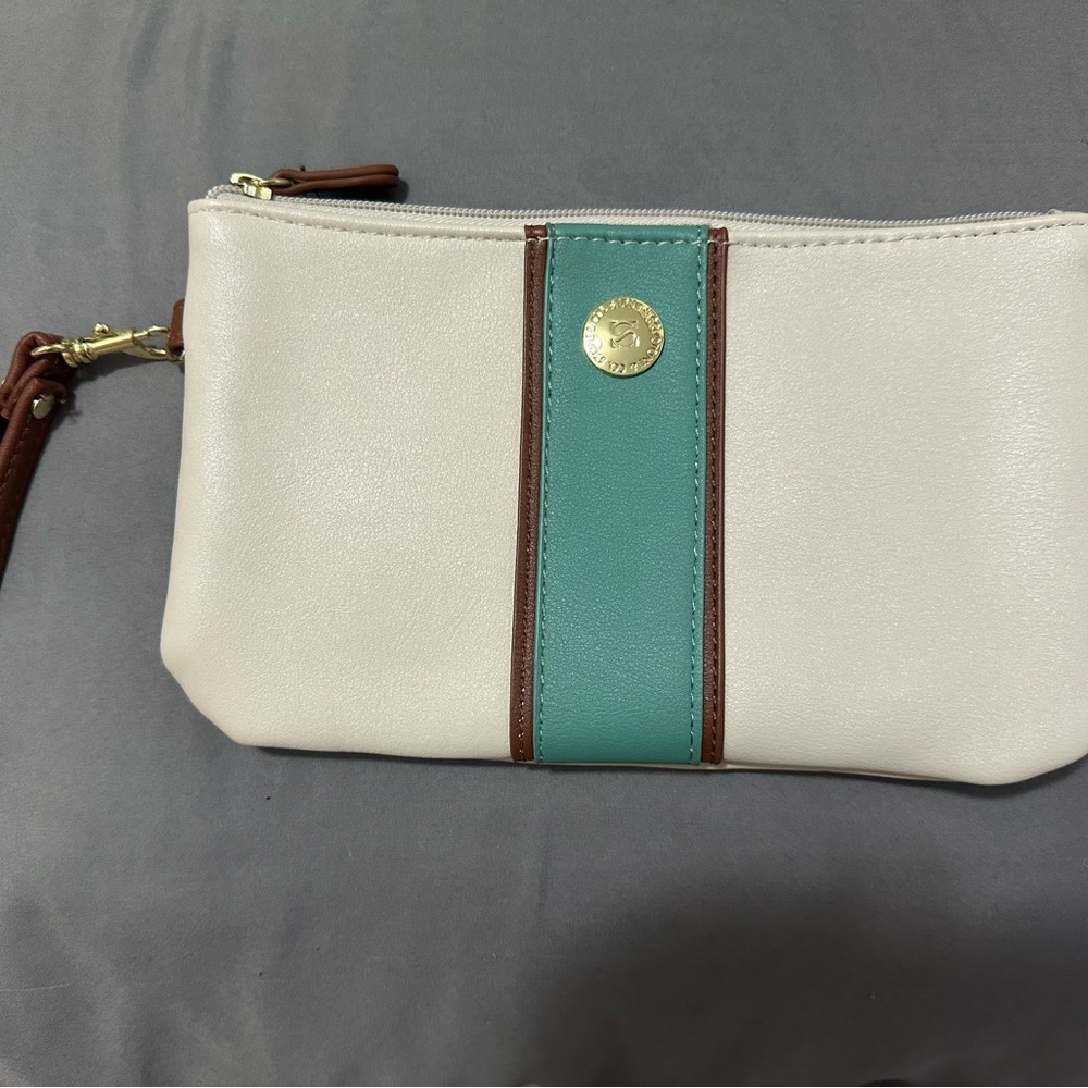 Stone & Co. Cream and Teal Clutch with Brown Accents